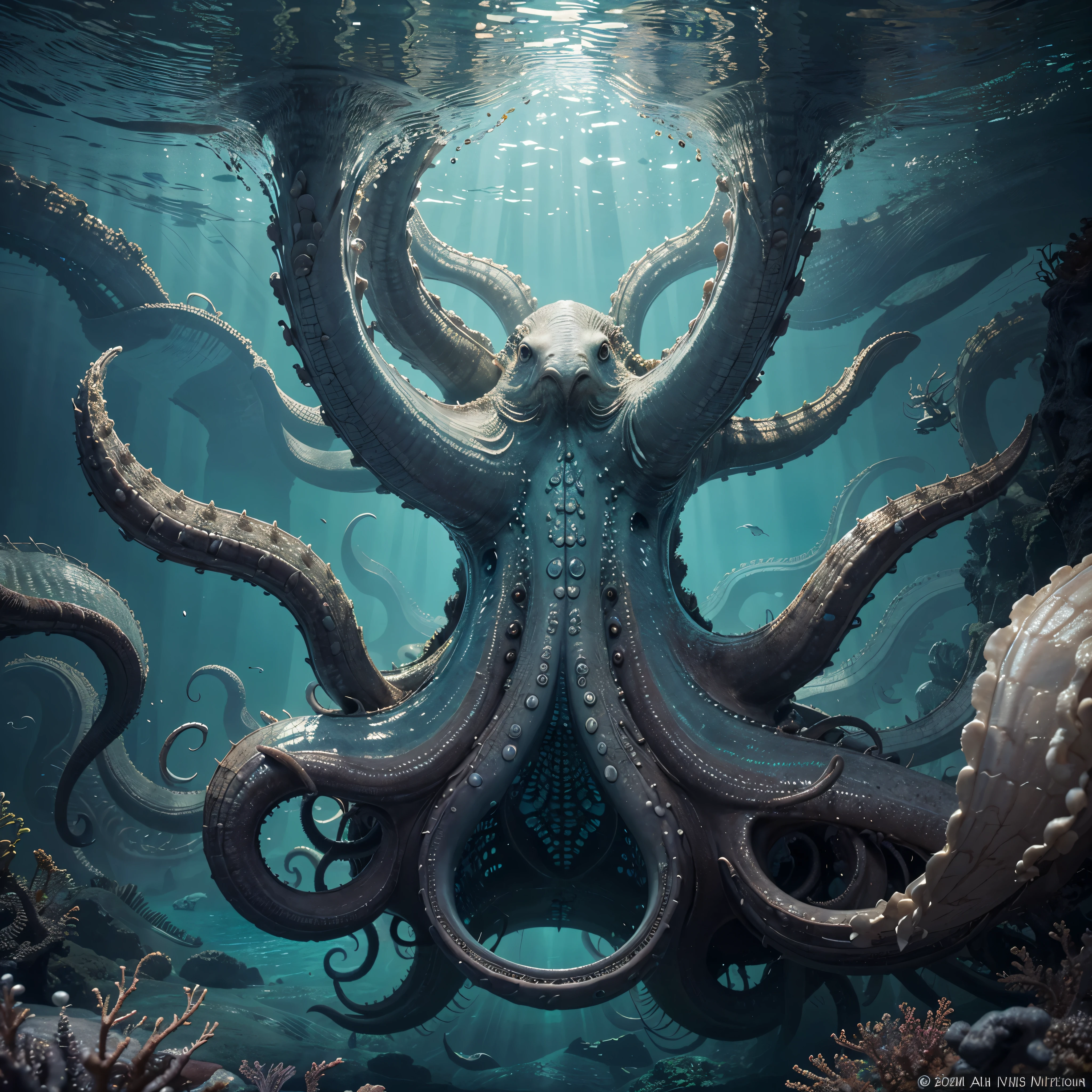 in digital painting, A miraculous rococo-inspired kraken suddenly emerges from the depths of the sea.. Vibrant colors and intricate details bring this majestic creature to life., With swirls of delicate coral and sparkling pearls adorning its tentacles.. The picture conveys a feeling of elegance and fun., while the Kraken's porcelain-like skin reflects the soft light of underwater light.. This high quality artwork attracts viewers., It invites you to be amazed and amazed by the mesmerizing beauty of this legendary sea creature..