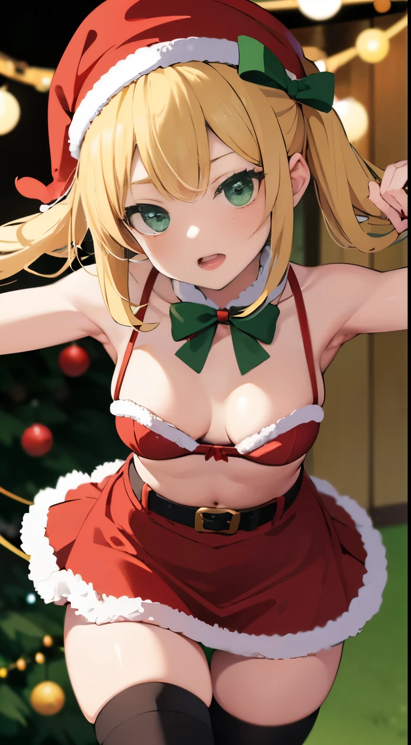 ((Best Quality)), ((masutepiece)), (Detailed), Blonde with perfect face and small tits, Christmas hat with green ribbon, red christmas bra with red cover, red christmas short skirt, black belt and green ribbon, Fuzzing at the hem of skirts and bras. Blurred Christmas lights on background. Girl leaning forward