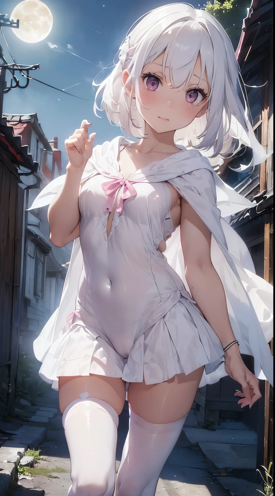 One lady,ars,((White hair) ,((())), (()), (())((I'm opening my mouth)),((White microskirt))((pink bodysuit))((short white cloak)),,(A dark-haired,),((Fantasy,Moon Night))((Clothes are torn))