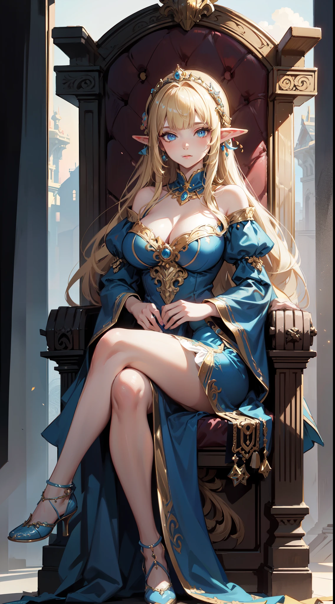 ((masterpiece, best quality)), (Highres), 4K, 8K, Detailed Illustration, Ultra-Detailed, Ambient Light, Backlighting, Realistic Shadows, Glowing Particles, Light Particles, Digital Art, Detailed Face, Detailed Hair, (Hyper-Detailed Eyes:1.2), Soft Light, Soft Lighting, (zentangle, mandala, tangle, entangle), (fractal art:1.3), (Throne:1.4), (Sitting on Throne:1.2), Front, Frontal, Huge Throne, Ornate Throne, Royal Throne, Massive Throne, (Blonde Hair:1.15), Blunt bangs, (hair between eye), Blue Eyes, Closed Mouth, Dignified Expression, Emotionless, Calm, Confident (Solo:1.4), Mature Female, Sexy Elf Woman, Full Body, Toned Thighs, Narrow Waist, Round Hips, (Huge Perky Breasts:1.1), Crossed Legs, (Crossed Arms:1.1) (Elegant Blue Dress:1.1), Ornate Clothes, Ornate Dreslue Off-Shoulder Dress:1.1), Bare Shoulders, Skindentation, (Blue Dress:1.1), (White Puffy Sleeves, Long Sleeves, Juliet Sleeves:1.1), Long Sexy Dress, cleavage, covered , (Ballroom Gown:1.3), (Frilled Dress:1.3), (Jewelry:1.15), Collar, Gorget, Gold-Trim, Regalia, Knight, art style by Artgerm, by Wadim kashin, by Kawacy, BREAK, eyelashes, eyeshadow, pink eyeshadow