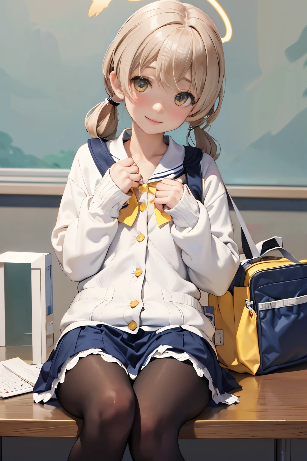 (masutepiece, Best Quality, hight resolution, ultra-detailliert, Detailed background:1.2), (Beautiful fece, Detailed face, Detailed eyes), igirl, Solo, School uniform, blue serafuk, White cardigan, Long hair, light brown hair, low twintails, Yellow eyes, Black pantyhose, yellow bowtie, Bag, Halo, crass room, Sitting, on desk, embarrassed, Parted lips, Smile, full-face blush, Head tilt, hand between legs,