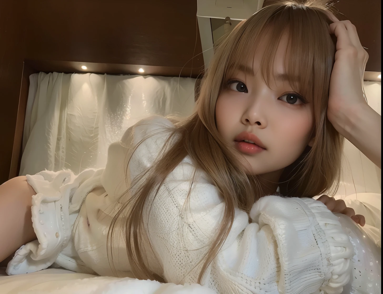 there is a young girl lying on a bed with a white blanket, Lalisa Manobal, franja branca, longos cabelos brancos e franja, long hair com franja, long hair com franja completa, Taran Dasha, Anna Nikonova aka Newmilky, com franja, franja fofa, Lalisa Manoban do Blackpink, com franja completa