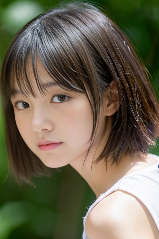 超A high resolution, realistic, ultra-detailliert, 8K,top-quality, Extremely detailed, Detailed background,in 8K、life-like、((1 persons))、 (Japan Beautiful Girl, Pure and innocent，kawaii, 14years) ，A slender,very beautiful japanese girl、being hit in the shower、Detailed face:1.3), (Boyish short-haired :1.4), (a baby face，kawaii系,愛くるしい14years), (Perfect body:1.1), posterior view、white t-shirts、turned around、bare shoulders​、wetting hair、wetted skin、water dripping、pov from down、Red face、suprised
