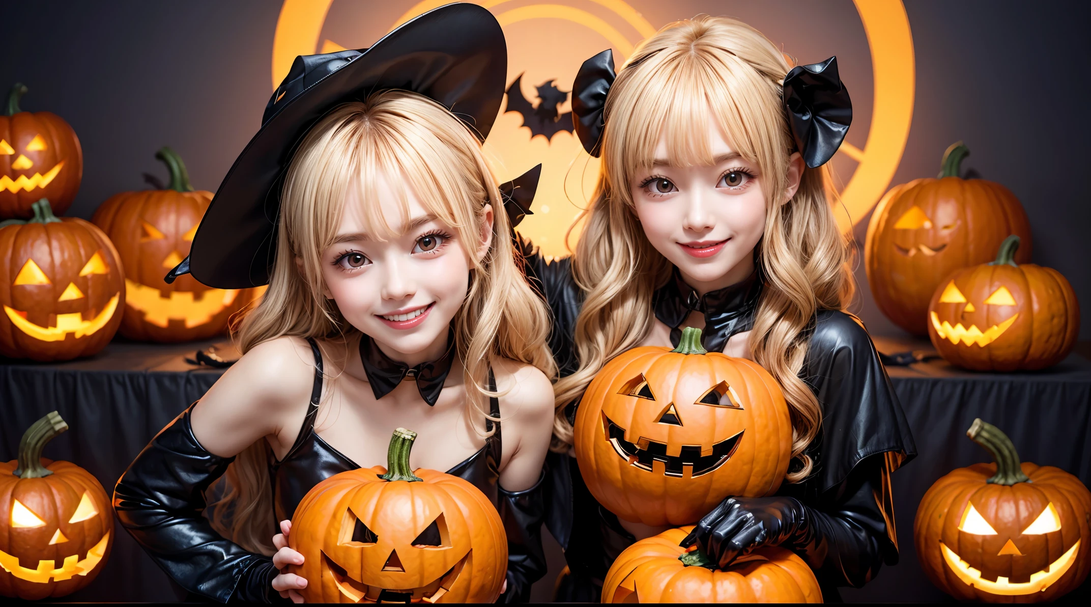 魔onimous, the Dark Lord, Cute demon, anime illustration, ultra - detailed, Ultra-clear images, bucktooth. Long blonde wavy hair, Wear rubber clothing, halloween, Jack-o'-lantern, onimous, Happy smile, adorable smile, red eyes, Dark skin, Eat pumpkin, Chibi expression, Lower your arms, Place your arms behind your back, Four fingers and one thumb, Perfect hands,