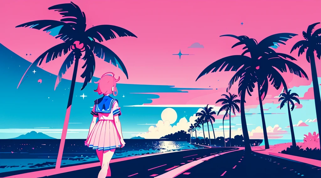 (back view of girl, sailor suit, headphone), (cyberpunk road by the sea, pink glowing road, starry blue sky, big moon, palm trees), (low contrast, flat color, limited palette)