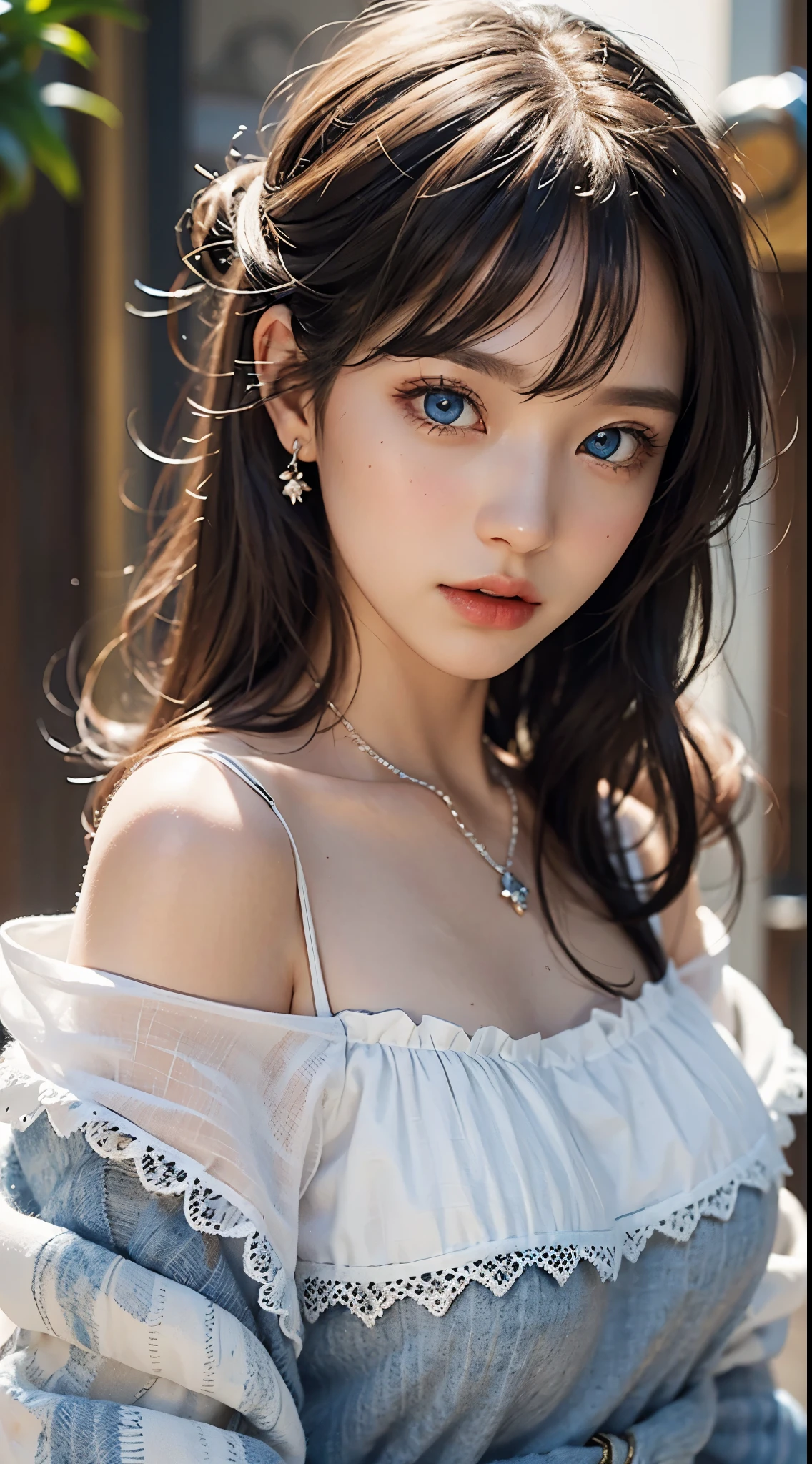 8k,Confused, High resolution, Very detailed, 1 person, alone, Very beautiful eyes, Ultra-precise depiction, artistic、Very detailed depiction, (Tangled:1.2), , (White high key background:1.5), (((A light blue lace lingerie.5))), 、 short hair、Loose wavy hair、Earrings and Necklaces、Brown Hair, (Glowing Skin), Many colors, , (Shooting from above:1.2),、Flat Body、slim、cute、、Round face、Cast a Shadow、、Smile 1.3、Open your mouth a little、