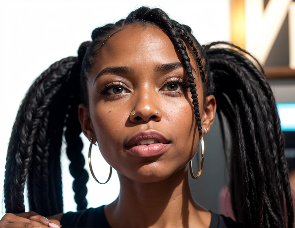 a black American girl with styled box braids hairstyle, with septum piercing