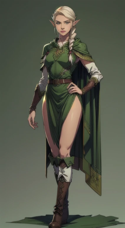 no background, background clean, standing character full body ((solo)), elf female beautiful adult, perfect slim body, beautiful charming cute face, serious face, long white hair with braids, pretty detail eyes, beautiful detailed lips, extremely detailed eyes and face, green armor elf, green cloak, bare legs, leather boots