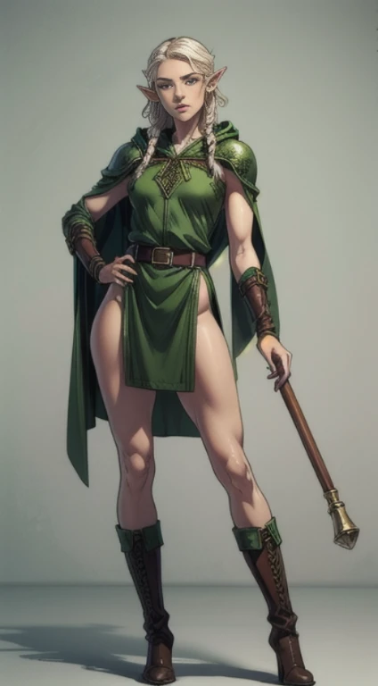 no background, background clean, standing character full body ((solo)), elf female beautiful adult, perfect slim body, beautiful charming cute face, serious face, long white hair with braids, pretty detail eyes, beautiful detailed lips, extremely detailed eyes and face, green armor elf, green cloak, bare legs, leather boots