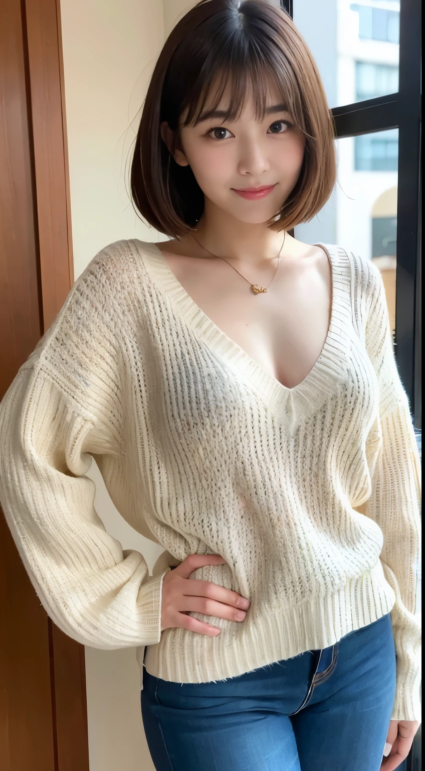 最high quality, 8K, lively, high quality, High resolution, middle-aged women, mature woman, 49 years old, (Full body Esbian), (Facial details in high heels, , thick lips, plump body shape、plump face、((big breasts))、((In a white knit sweater))、Love hotel room、random hairstyle、((eyes are hidden))、((can&#39;I don't see anything))、((太い黒い紐でeyes are hidden))、mouth half open、