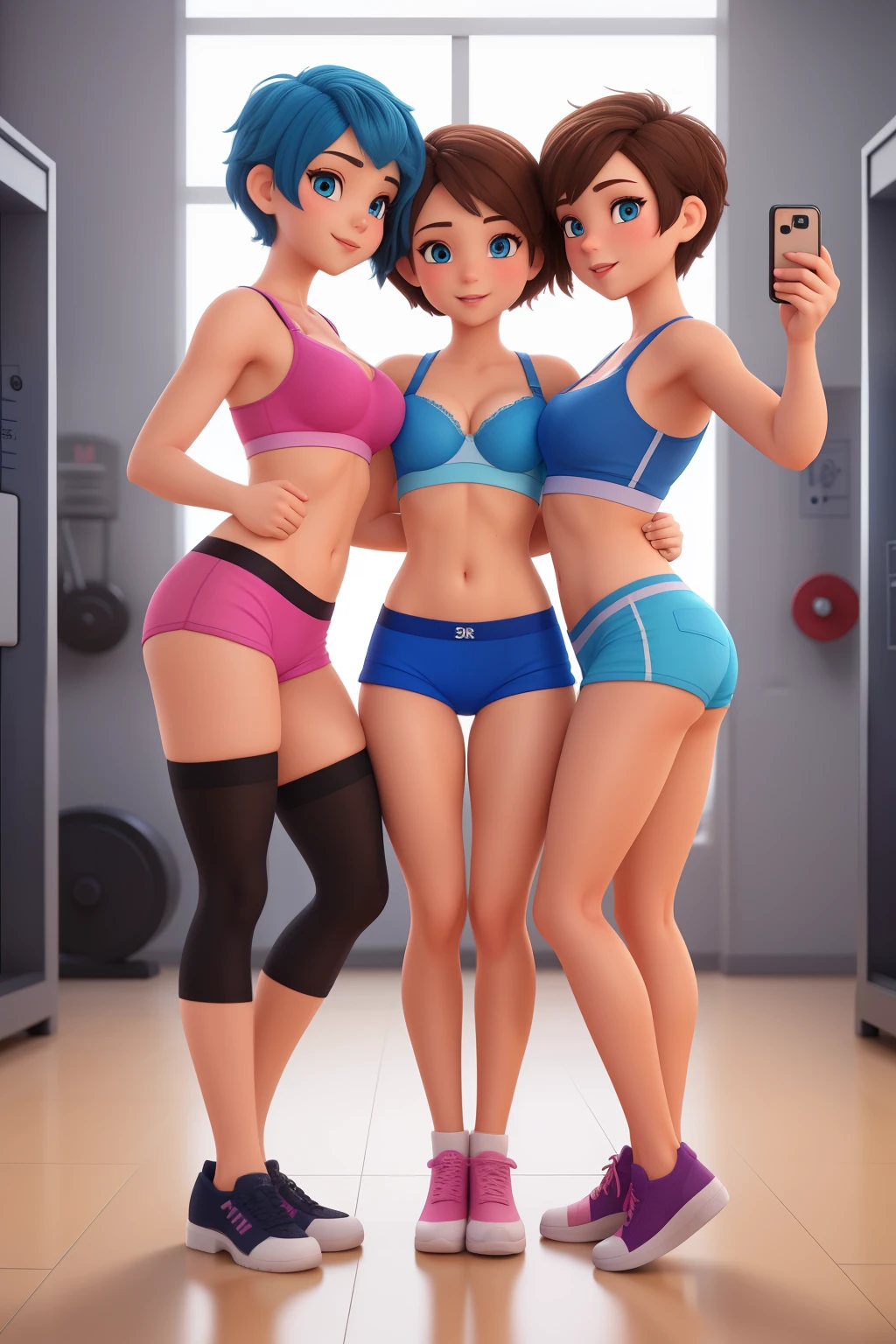 4 girl with short short hair and blue eyes, young looking, bra, tight panties, gym locker room. 3d cartoon with accurate proportions, taking selfie kissing each other, group hug