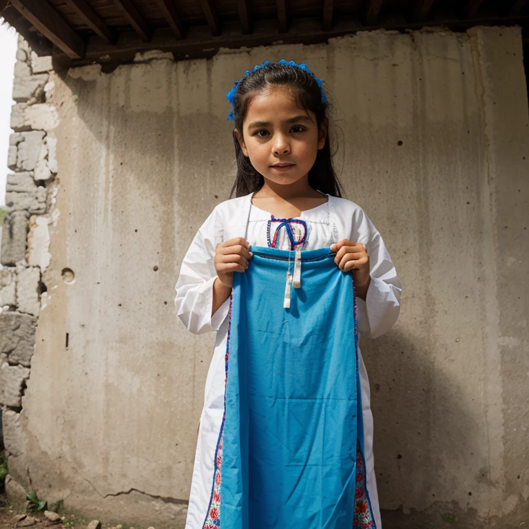 Little Guatemalan girl in traditional clothing she is also holding a clothes hanger that has a different pair of traditional clothing on the clothes hanger