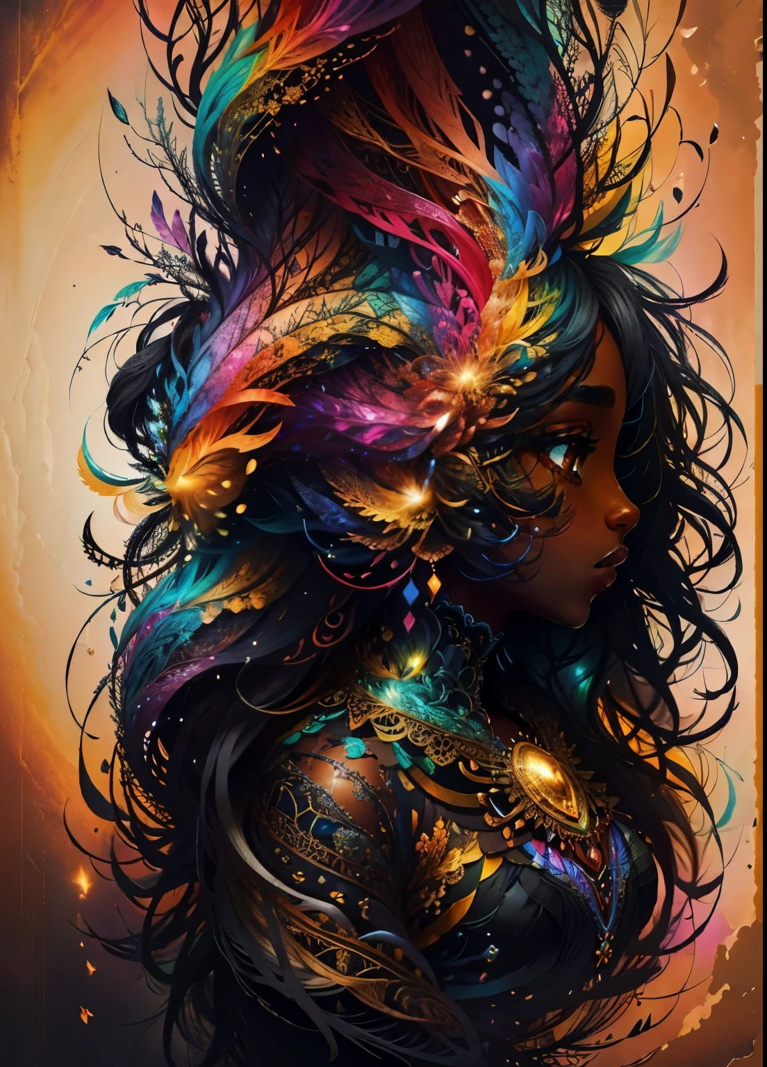 colorhalf00d,, top-down view of a gabrielle uniyon, black woman, feathers, acceptance vibrant, beautiful, intricate, detailed