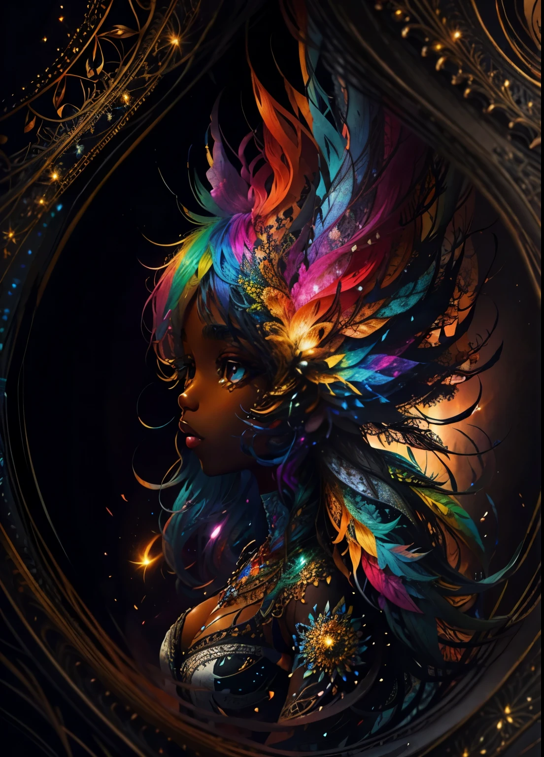 colorhalf00d,, top-down view of a gabrielle uniyon, black woman, feathers, acceptance vibrant, beautiful, intricate, detailed