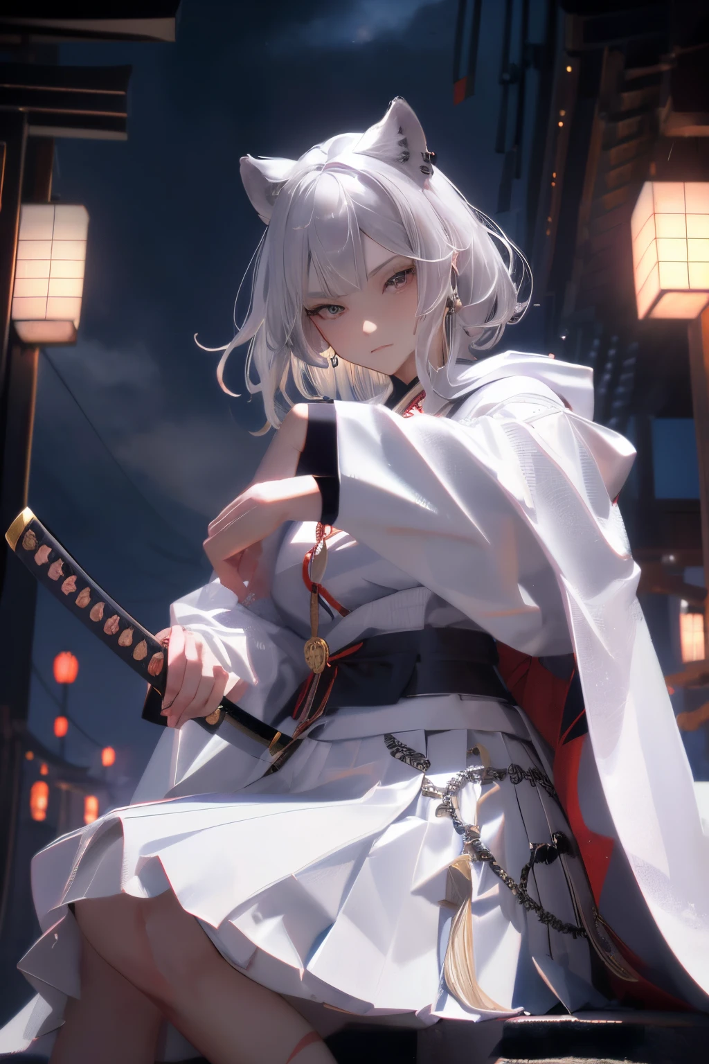 Samurai captain outfit, black samurai hakama outfit, kendo uniform, silver hair, wavy in hair, silver eyes, piercings, lion ears, medium length hair, confident expression, smug face, ((white cloak, white skirt, katana), background Japanese castle, starry skies,