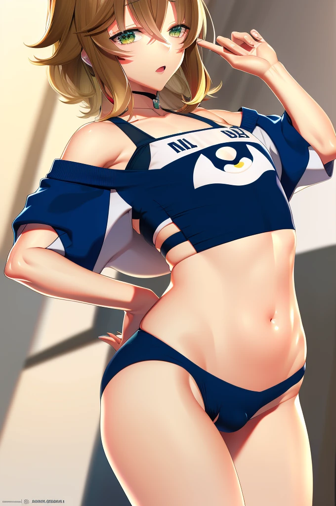 amicia michella - nijisanji, anime style, 1boy, deep violet hair, short hair, wavy hair, crop top, midriff, girly face, blushed, seductive, wide hips, thick thighs, huge round ass, flat chested, (((full flat chest))), (((bulge))), full body, dynamic pose, office, absurdres, high res, ultrasharp, 8K, masterpiece, looking at viewer, CuteTraps