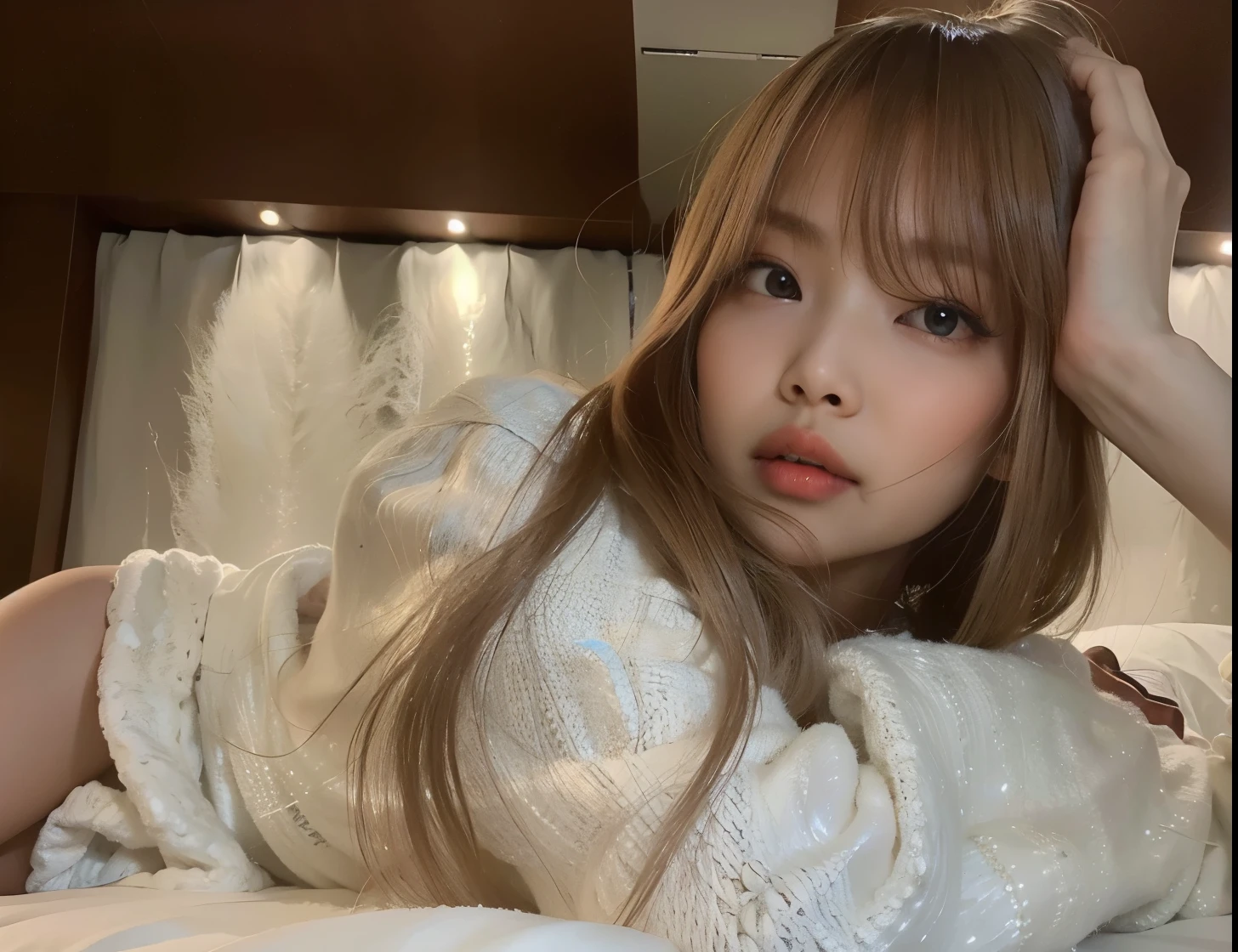 there is a young girl lying on a bed with a white blanket, Lalisa Manobal, franja branca, longos cabelos brancos e franja, long hair com franja, long hair com franja completa, Dasha Taran, Anna Nikonova aka Newmilky, com franja, franja fofa, Lalisa Manoban do Blackpink, com franja completa