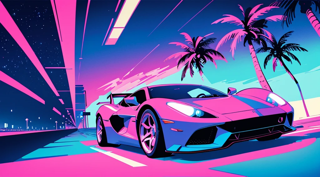 (super car), (cyberpunk road by the sea, pink glowing road, starry blue sky, big moon, palm trees), (low contrast, flat color, limited palette)