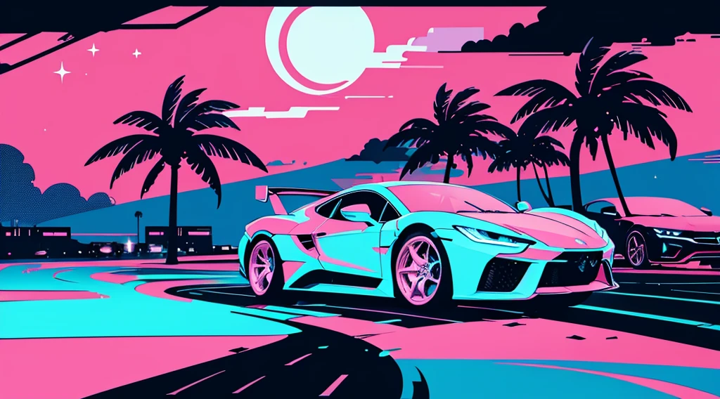 (super car), (cyberpunk road by the sea, pink glowing road, starry blue sky, big moon, palm trees), (low contrast, flat color, limited palette)