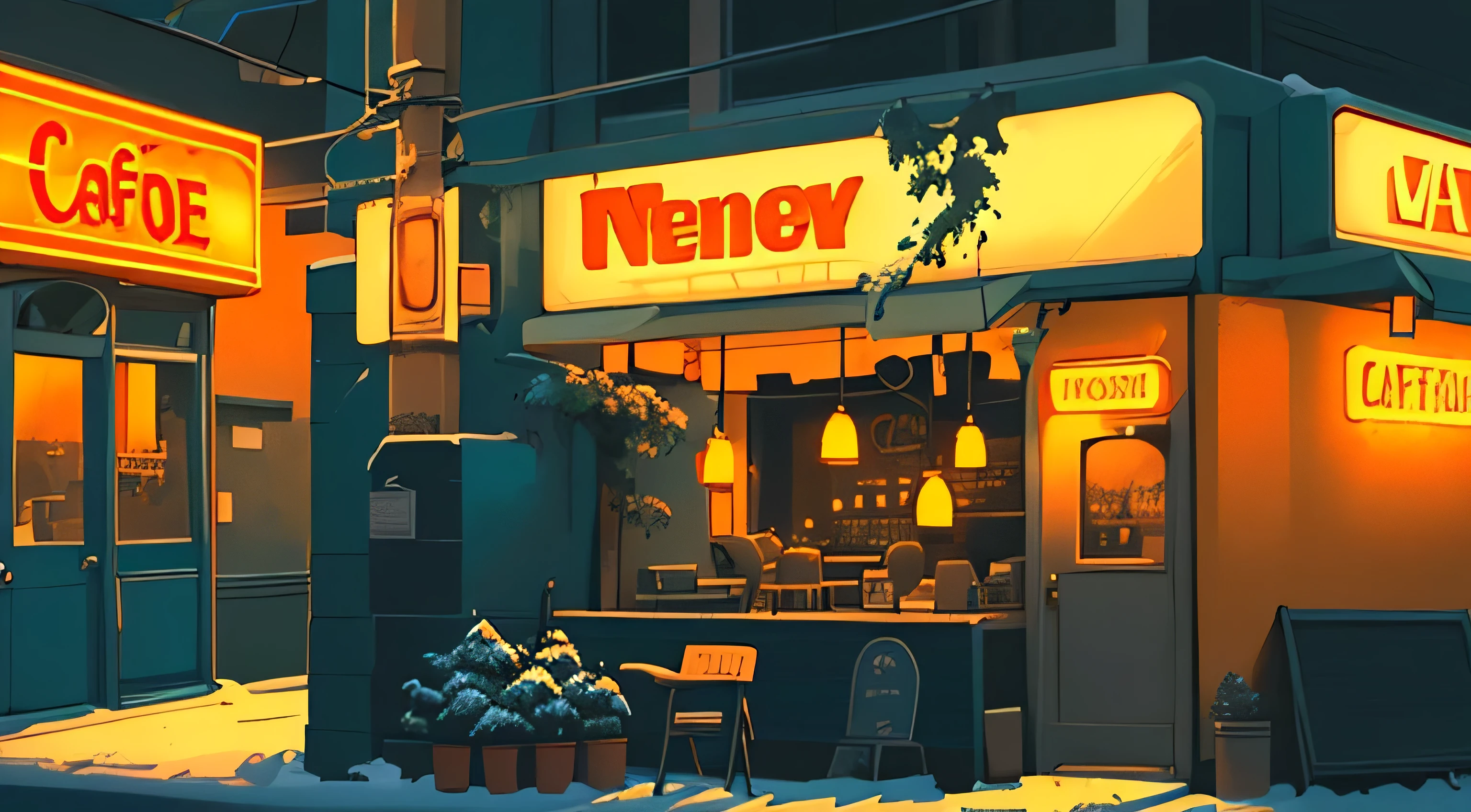 cafe, neon sign, winter, at night
