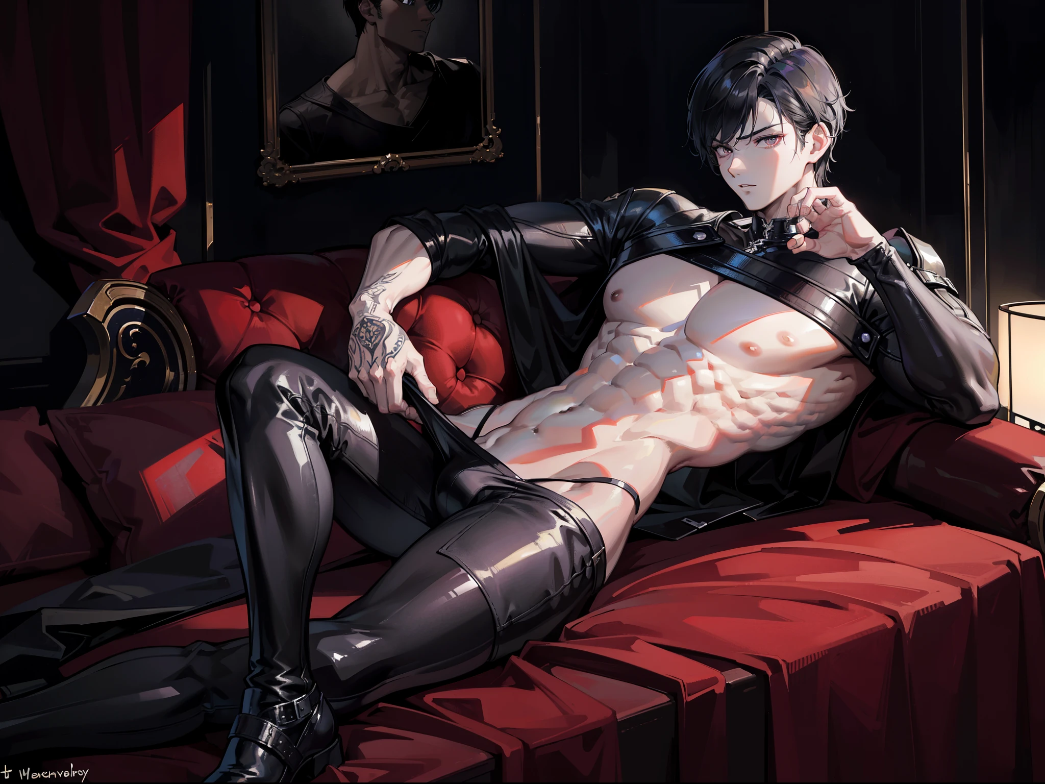 ((Masterpiece, Highest quality)), Detailed face, dramatic lighting, dark colors and atmosphere, full body, Full of details, frontal body view, back body view, Highly detailed, Depth, Many parts, Muscle boy with short black hair，handsome man, mercenary, man tall, pectoral muscles, abs, lounging, laying down