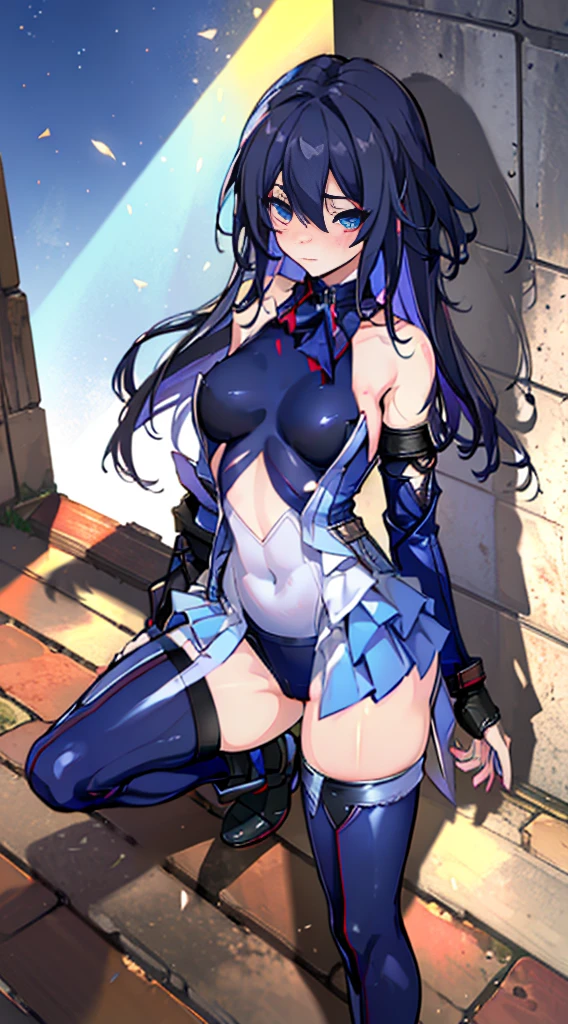 masutepiece, Best Quality, Pose leaning against wall，Squat ，Crab crotch，Blue leotard，highleg, Elegant, 1girl in, thigh high boots, well-muscled，Cute, blushed, Looking at Viewer, From  above,, Mini skirt, White and black striped T-shirt, Blue eyes, Beautiful eyes, Beautiful background, light Particle, Sun rays, Dramatic Lighting, Outside, shiny, Realistic, masutepiece, Best Quality, Ultra-detailed, Detailed, Scenery, Beautiful detailed eyes, detailed hairs