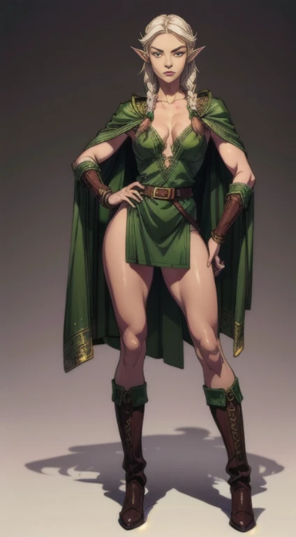 no background, background clean, standing character full body ((solo)), elf female beautiful adult, perfect slim body, beautiful charming cute face, serious face, long white hair with braids, pretty detail eyes, beautiful detailed lips, extremely detailed eyes and face, green armor elf, green cloak, bare legs, leather boots