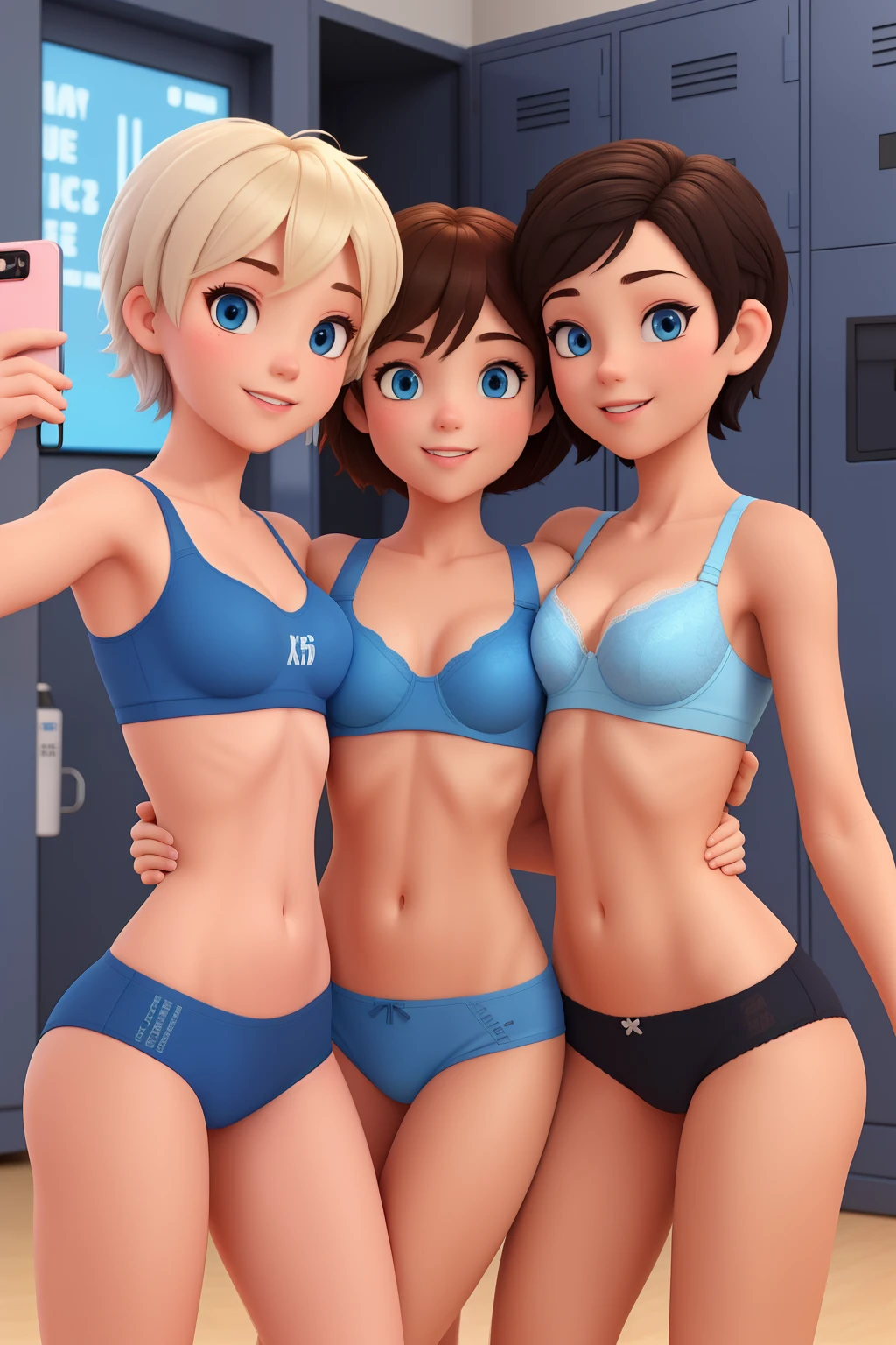 4 girl with short short hair and blue eyes, young looking, bra, tight panties, gym locker room. 3d cartoon with accurate proportions, taking selfie kissing each other, group hug