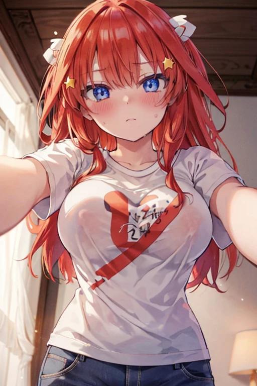 Satsuki Nakano, Itsuki Nakano, Bangs, Blue eyes, hair between eye, Ahoge, Red hair, Star \(symbol\), Hair Ornament, Star hair ornament、,B Leak point:1.2), Best Quality, High resolution, Unity 8k壁纸, (Illustration:0.8), (Beautiful detailed eyes:1.6), extra detailed face, Perfect Lighting, extremely details CG, (Perfect hands, Perfect Anatomy),Sweat, Heart-shaped pupil, cum on, nedium breasts,
Half closed eyes, blush,
view the viewer, From below, Focus,
Particles of light, Love hotel bedroom, garments(T-shirt string pants)
