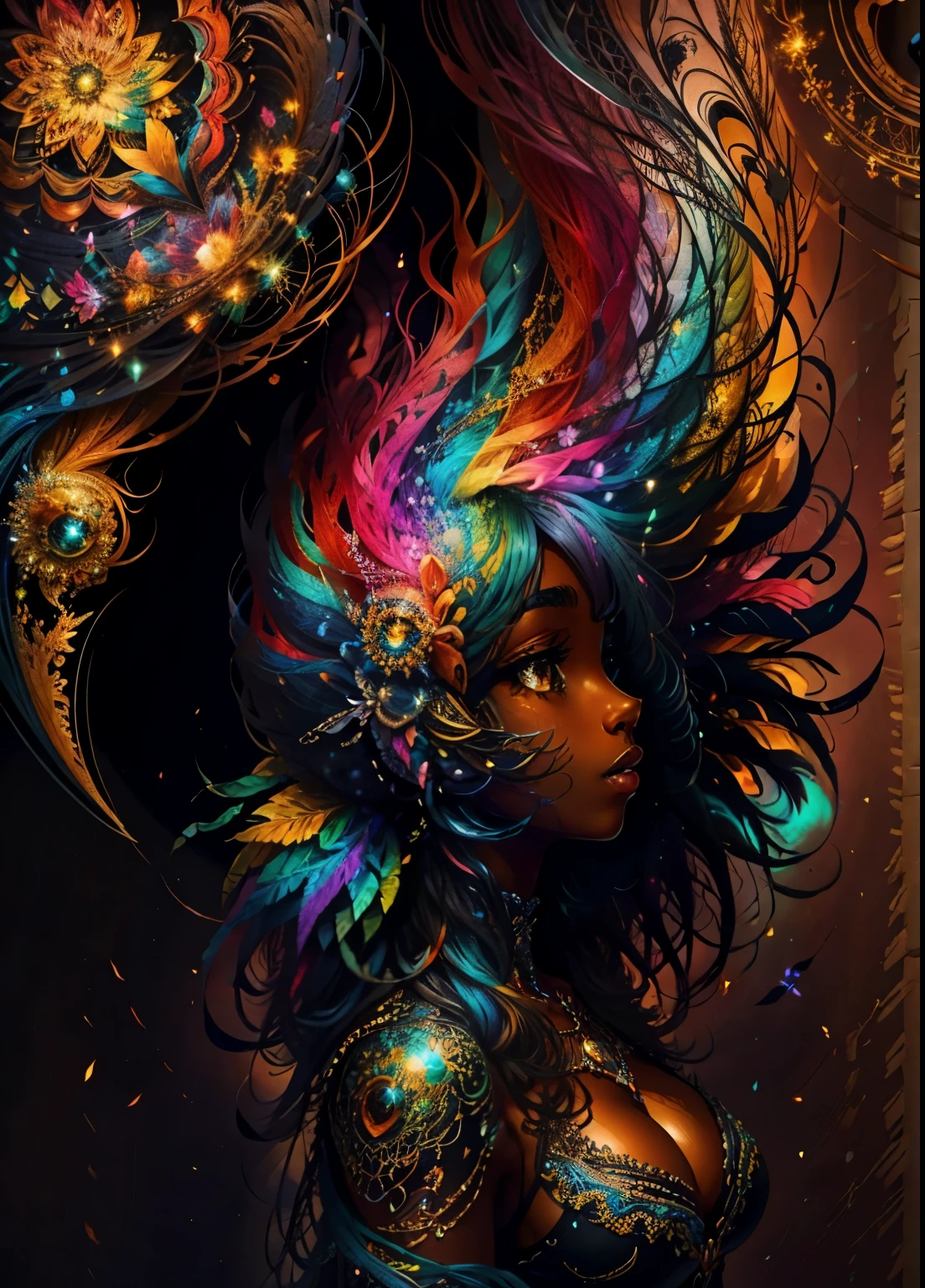 colorhalf00d,, top-down view of a gabrielle uniyon, black woman, feathers, acceptance vibrant, beautiful, intricate, detailed