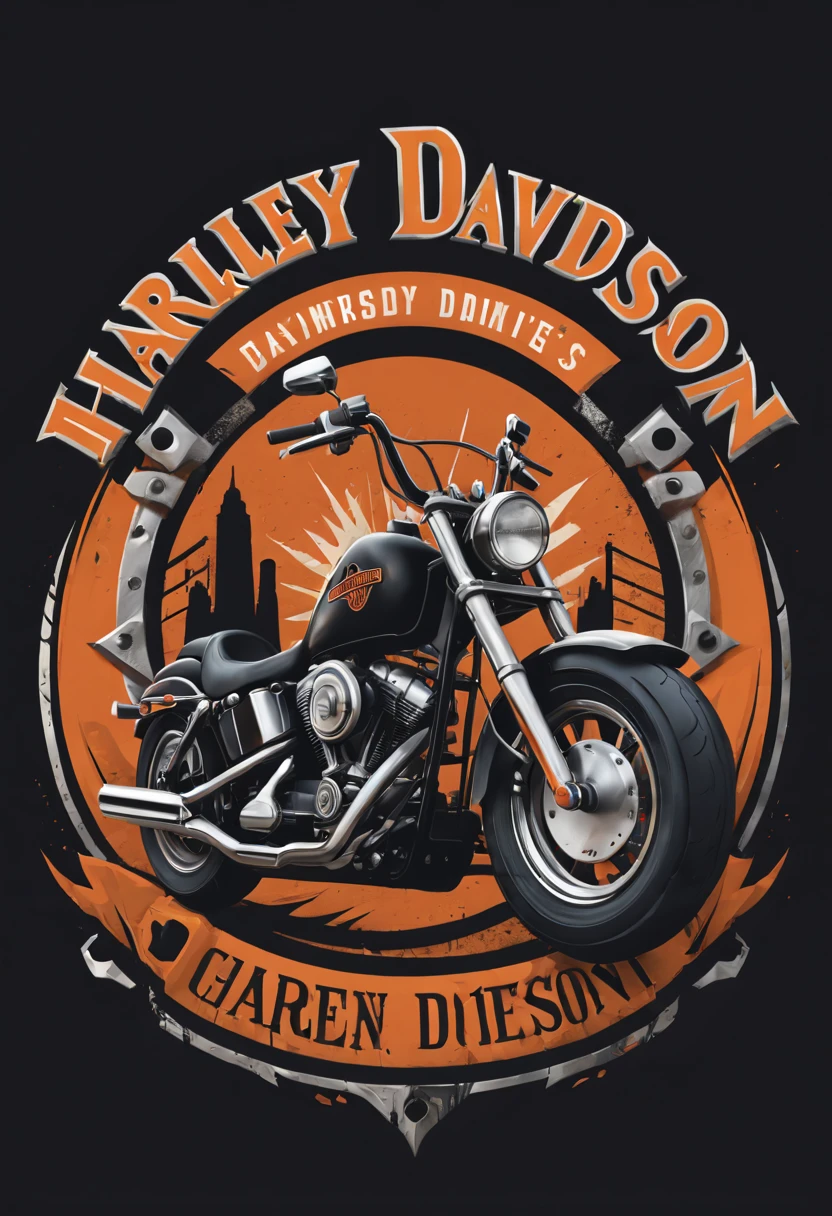 Harley Davidson logo design,t shirt design,beefy style,design only,white background,no model,professional,high contrast,high-res,ultra-detailed,vivid colors,metallic accents,sharp focus,edgy,dynamic composition,gritty texture,rough brush strokes,mechanical elements,chrome effect,classic typography,retro style,distressed look,aggressive lines and curves,3D rendering,striking visual impact,dark shadows,strong branding presence,monochromatic palette,industrial aesthetic