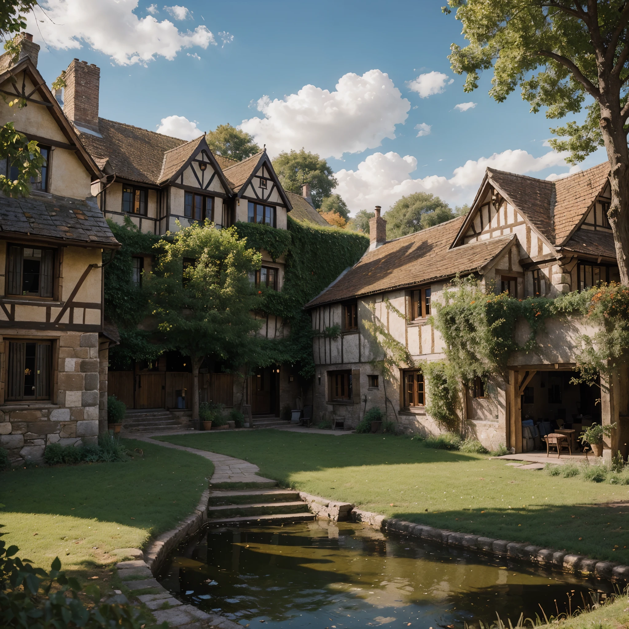 A picturesque medieval village comes to life in this exquisite painting. The focal point is an old, weathered house nestled among the vibrant autumn trees. The architecture of the building showcases the charm of European towns, with its rustic brick exterior and a beautifully sloping roof. The scene is set against a dramatic sky, painted with hues of orange and purple, enhancing the surreal ambiance. The image captures the essence of a quaint rural town, evoking a sense of nostalgia and wanderlust. This high-quality artwork immerses viewers into a captivating journey through time and nature.