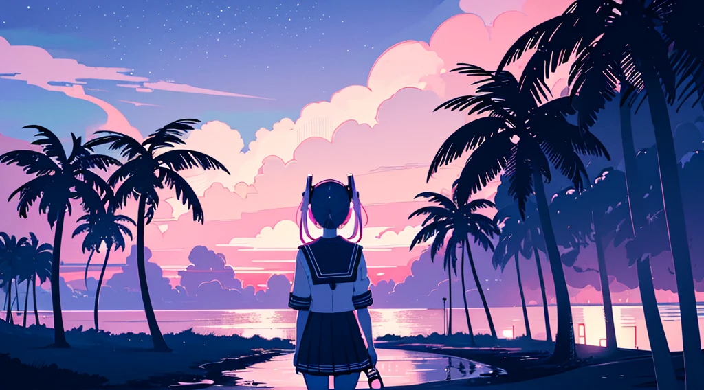 (back view of girl, sailor suit, headphone), (cyberpunk road by the sea, pink glowing road, starry blue sky, big moon, palm trees), (low contrast, flat color, limited palette)