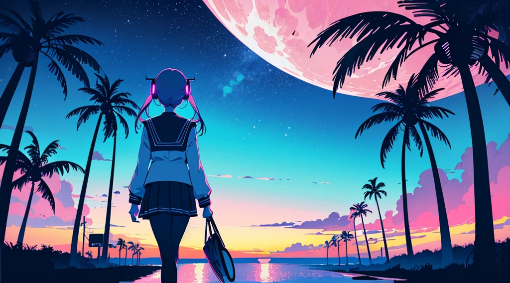 (back view of girl, sailor suit, headphone), (cyberpunk road by the sea, pink glowing road, starry blue sky, big moon, palm trees), (low contrast, flat color, limited palette)