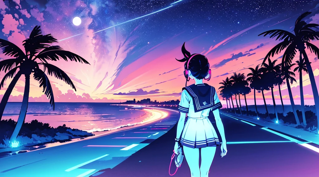 (back view of girl, sailor suit, headphone), (cyberpunk road by the sea, pink glowing road, starry blue sky, big moon, palm trees), (low contrast, flat color, limited palette)