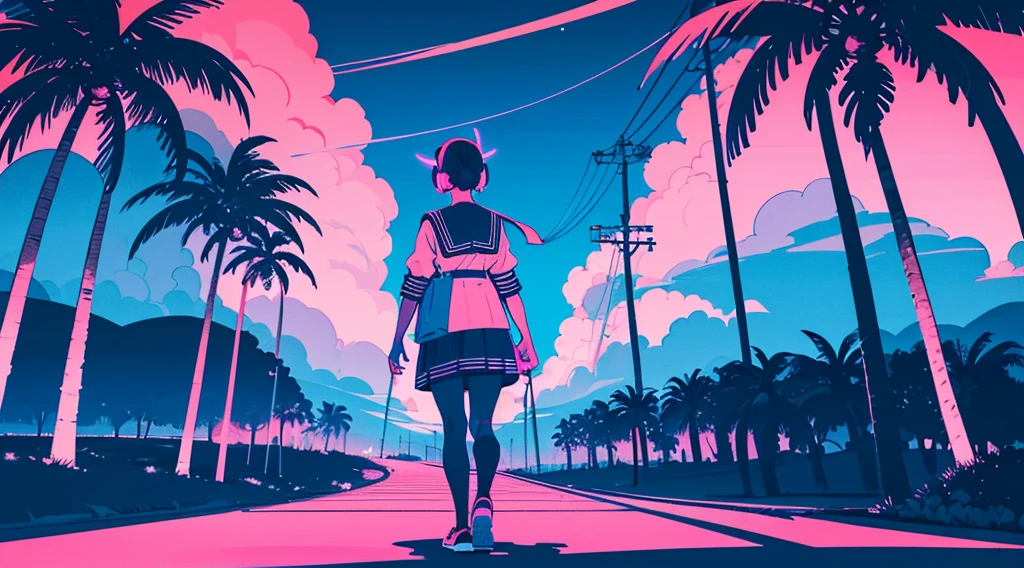 (back view of girl, sailor suit, headphone), (cyberpunk road by the sea, pink glowing road, starry blue sky, big moon, palm trees), (low contrast, flat color, limited palette)