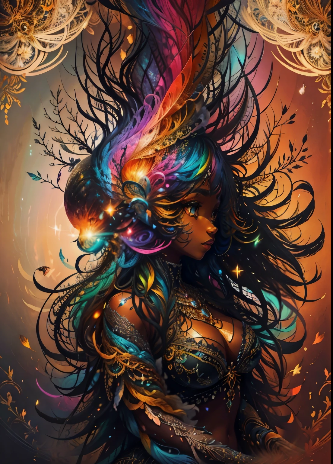 colorhalf00d,, top-down view of a gabrielle uniyon, black woman, feathers, acceptance vibrant, beautiful, intricate, detailed