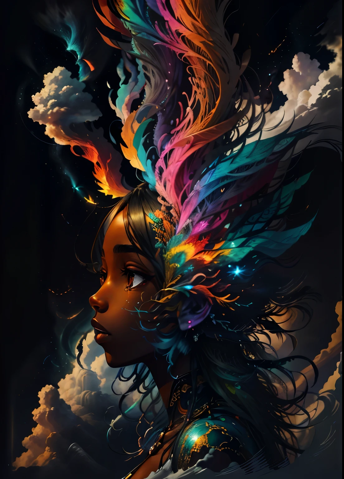 colorhalf00d,, top-down view of a gabrielle uniyon, side profile, black woman, feathers, clouds, acceptance