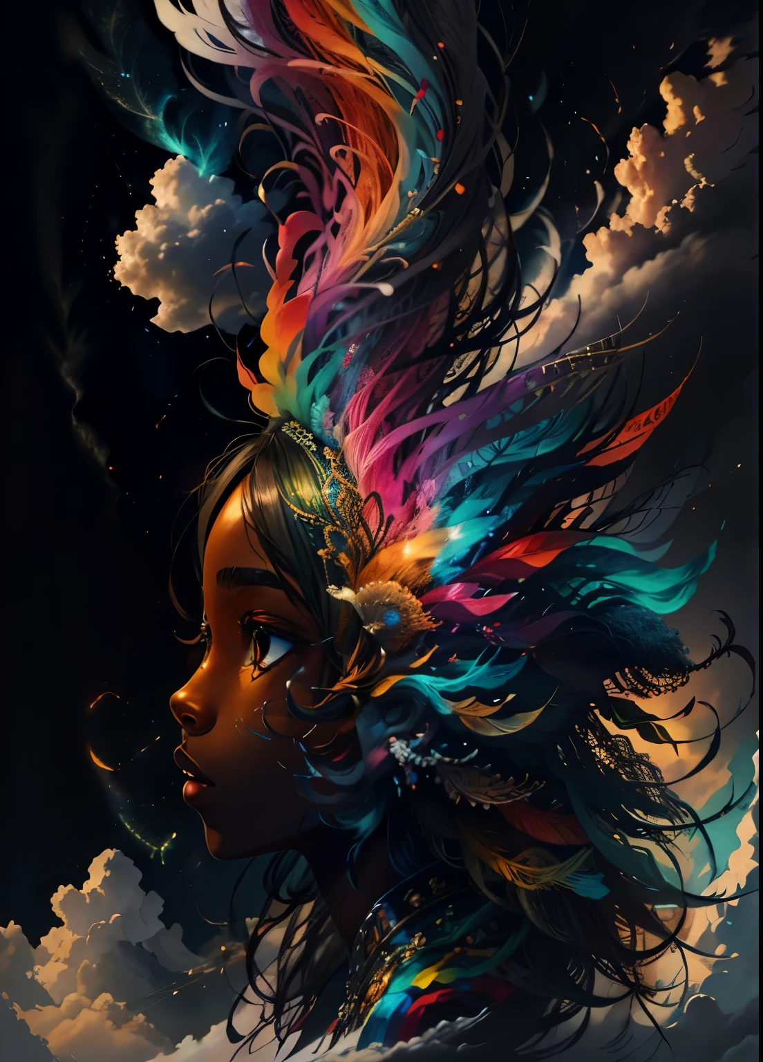 colorhalf00d,, top-down view of a gabrielle uniyon, side profile, black woman, feathers, clouds, acceptance