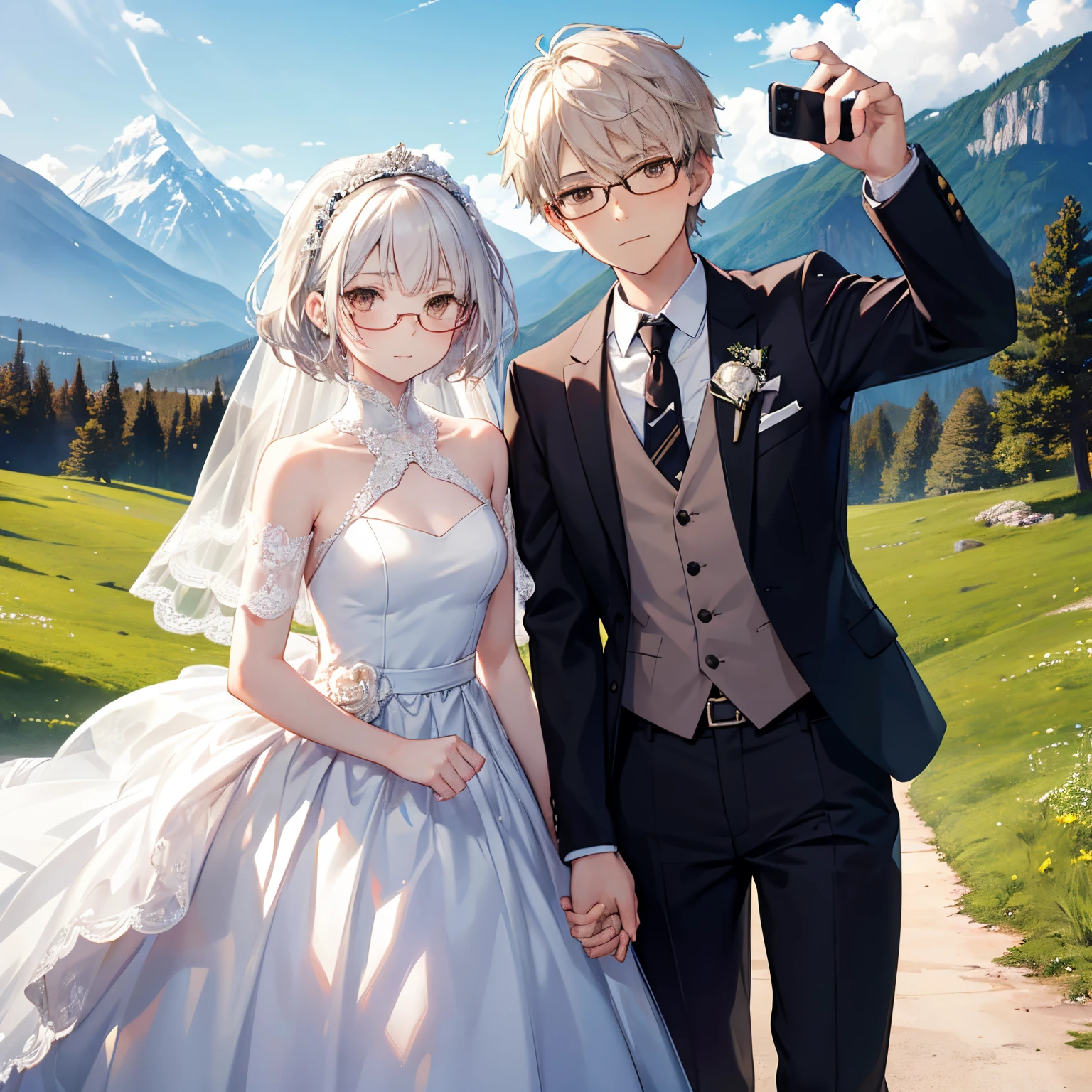 Female, 16 years old, short, white hair, brown eyes, wearing glasses, wearing a wedding dress. Taking a selfie with a 16-year-old man with brown eyes, glasses and a suit. The background is a mountain meadow.
