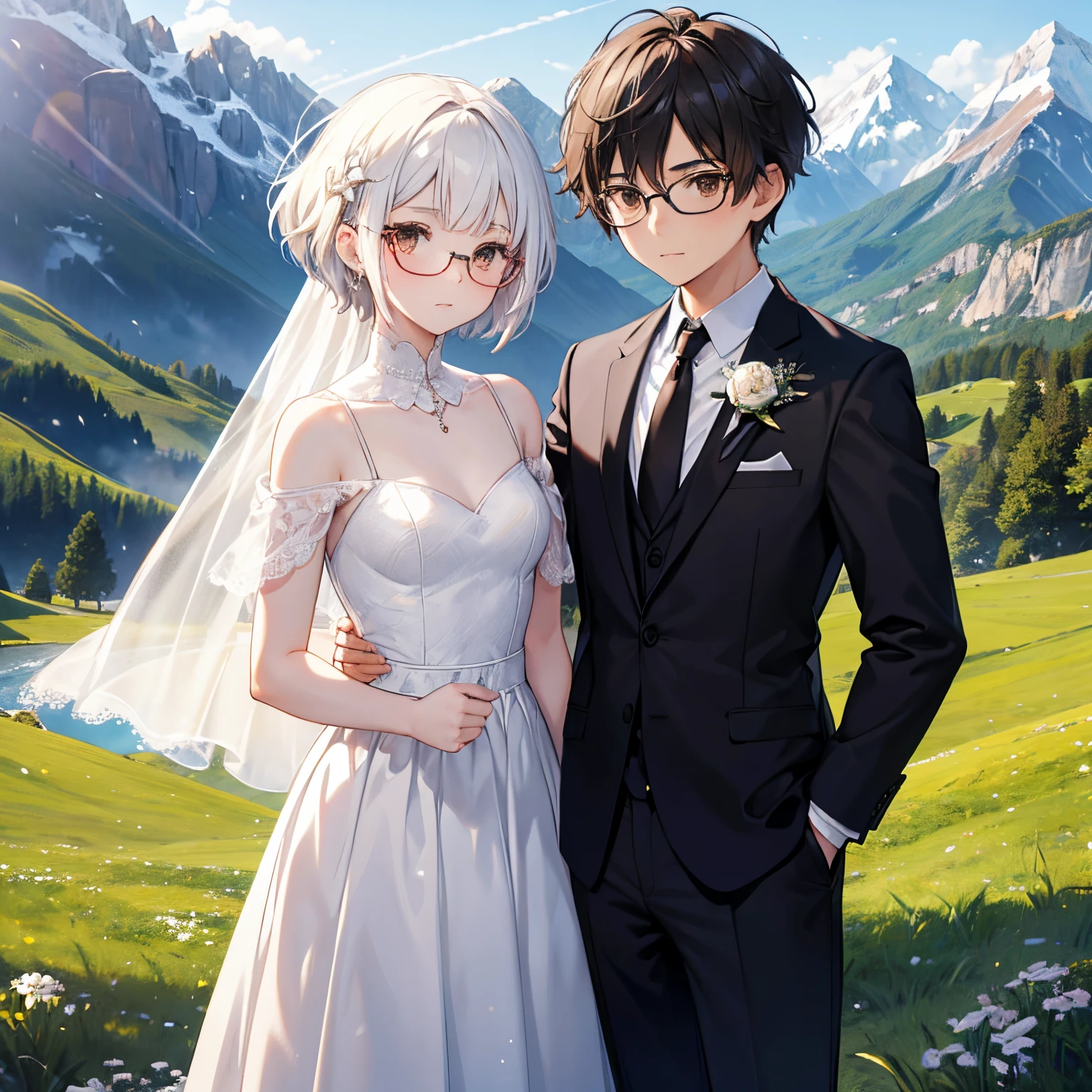 Female, 16 years old, short, White Hair, Brown eyes, Wear glasses, Wear a wedding dress. ถ่ายเซลฟี่กับหนุ่มวัย 16 ปี ผมshort ผมสีดำ Brown eyes, glasses and suit. The background is a mountain meadow..
