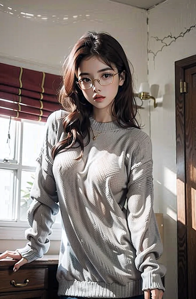 Modern beauty,Short shawl hair,light grey sweater,Gold wire rimmed glasses,dark red colored hair,leaning on a table