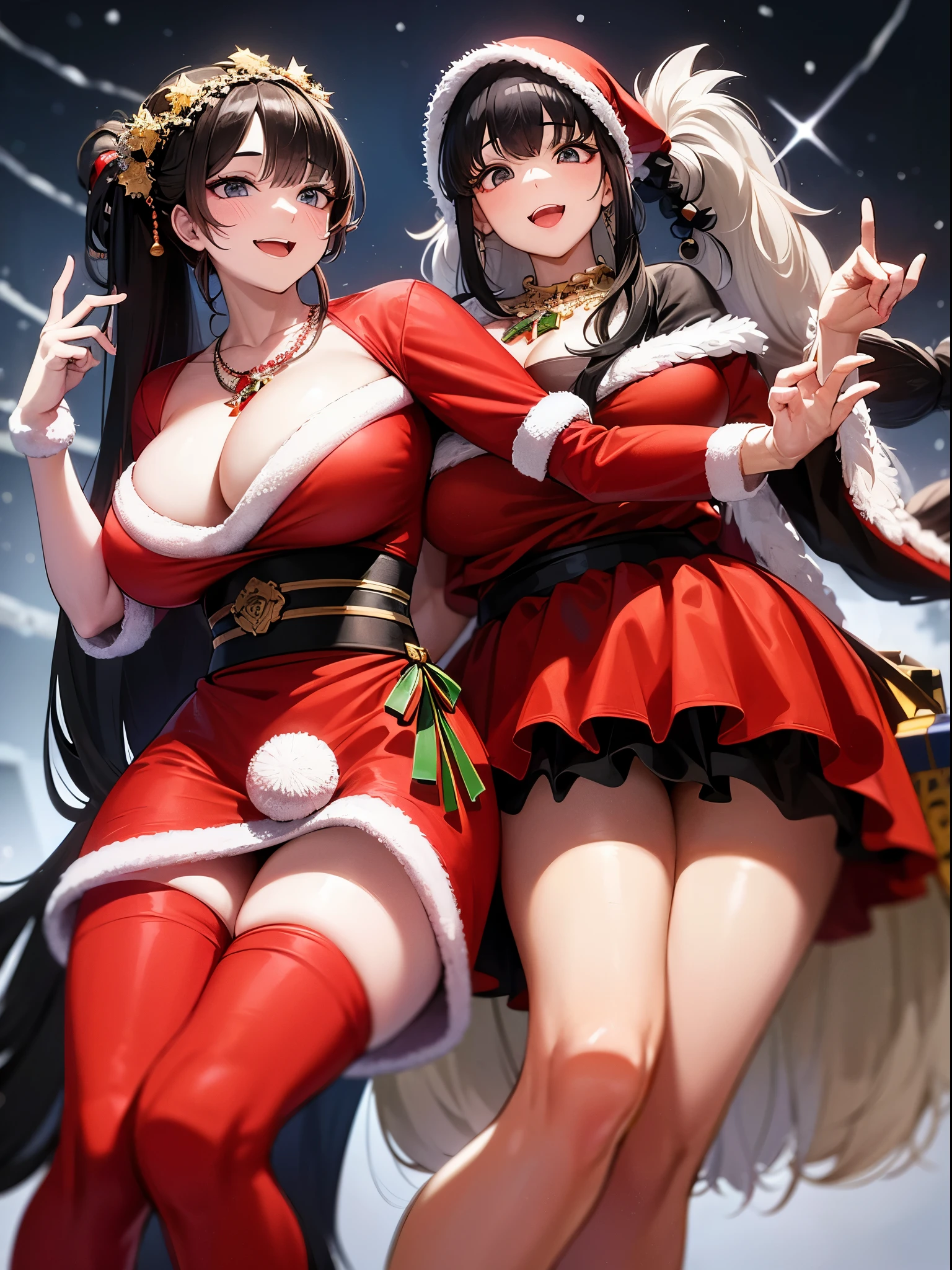 1 middle-aged woman,dressed as santa claus body suit,dancing,smiling,long hair,big ponytail,big braided hair,black hair,black eyes,huge chest,from front,snow,necklace,masterpiece, extremely fine and beautiful,Japanese,Hand out gift bags to viewers、slum background,Best Quality,high-level image quality,4K,8K,pixiv popular art,Compete with adult beauty,not breskin,belladonna,mandragora、Pastel Colors,pure christmas,moral、Healthy、