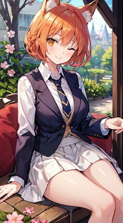 1个Giant Breast Girl,extremely detremely detailed CG,8k wallpaper,Dignified,bluntbangit girl,12year old,Two twisted braid latcheeing thinbeing thin的乐高耳朵,orange color hair,With his eyes closed,being thin,ssmile,buisness suit,Sit Pose,courtyard,Wooden coffee table,light blue cherry blossom tree,schools,short man,One-tailed,A piece of tranquility,orange color hair,fox ear,Wearing a black suit,Vest skirt,pleatedskirt,long skirt,Tie twisted braids behind your ears,Short hair details,Qi bangs,With his eyes closed,ssmile,black necktie,being thin腿,Thin leg,being thin臀