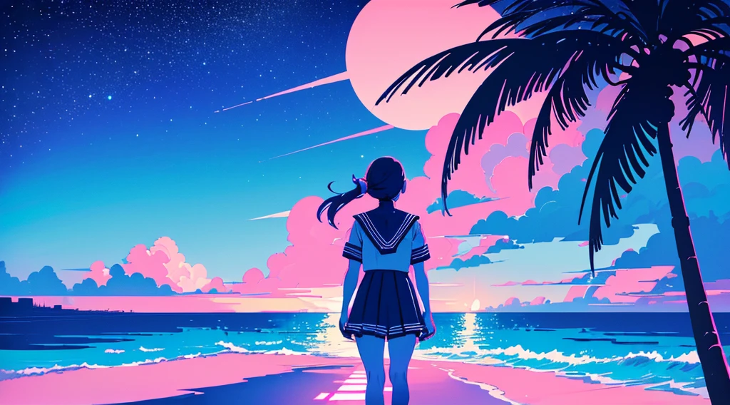 (back view of girl, sailor suit, kawaii), (cyberpunk road by the sea, pink glowing road, starry blue sky, big moon, palm trees), (low contrast, flat color, limited palette)