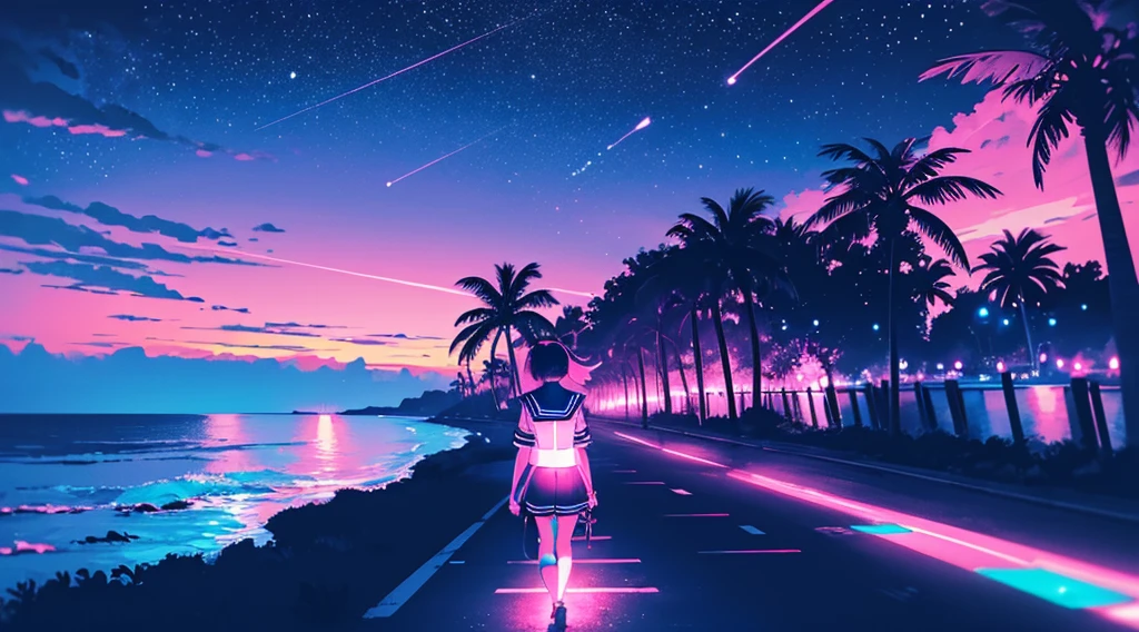 (back view of girl, sailor suit, kawaii), (cyberpunk road by the sea, pink glowing road, starry blue sky, big moon, palm trees), (low contrast, flat color, limited palette)