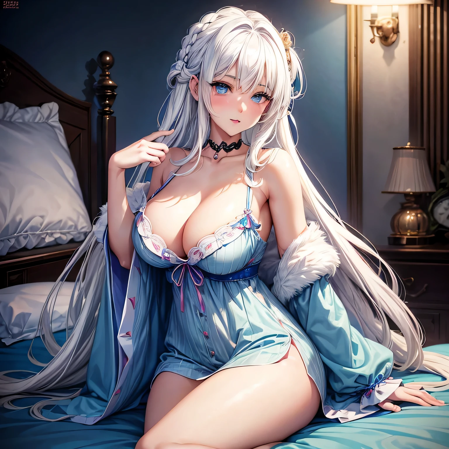 Um impressionante retrato em estilo anime de uma garota com cabelos brancos vibrantes e olhos azuis penetrantes, sentada em uma cama macia com seu pijama aconchegante. Her medium sized breasts are on full display, com um toque de decote aparecendo. Ela parece adoravelmente envergonhada enquanto segura um microfone ASMR, pronta para criar alguns sons suaves para seus espectadores.