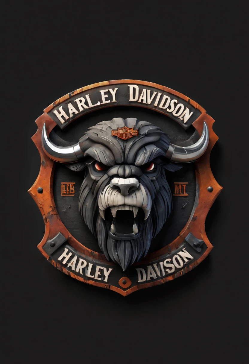 Harley Davidson logo design,t shirt design,beefy style,design only,white background,no model,professional,high contrast,high-res,ultra-detailed,vivid colors,metallic accents,sharp focus,edgy,dynamic composition,gritty texture,rough brush strokes,mechanical elements,chrome effect,classic typography,retro style,distressed look,aggressive lines and curves,3D rendering,striking visual impact,dark shadows,strong branding presence,monochromatic palette,industrial aesthetic