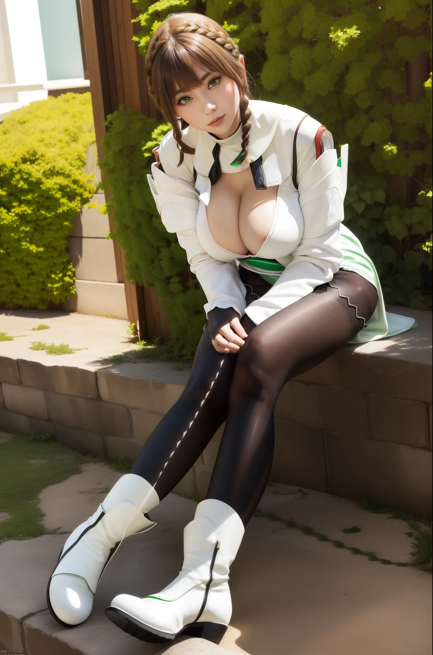 cleavage,pencil skirts,
Green eyes,braid,Long,
1 girl, 20yr old,infp young woman,Beautiful Finger,Beautiful long legs,Beautiful body,Beautiful nose,Beautiful character design, Perfect eyes,(((NSFW)))、Official art,(best_quality:1.0),
Photography, 8K, 超A high resolution,
(Beautiful,Large_breasts:1.4), (Beautiful_Face:1.5),(narrow_waist),(((Photograph the whole body)))、(((Black pantyhose)))、((white short boots))