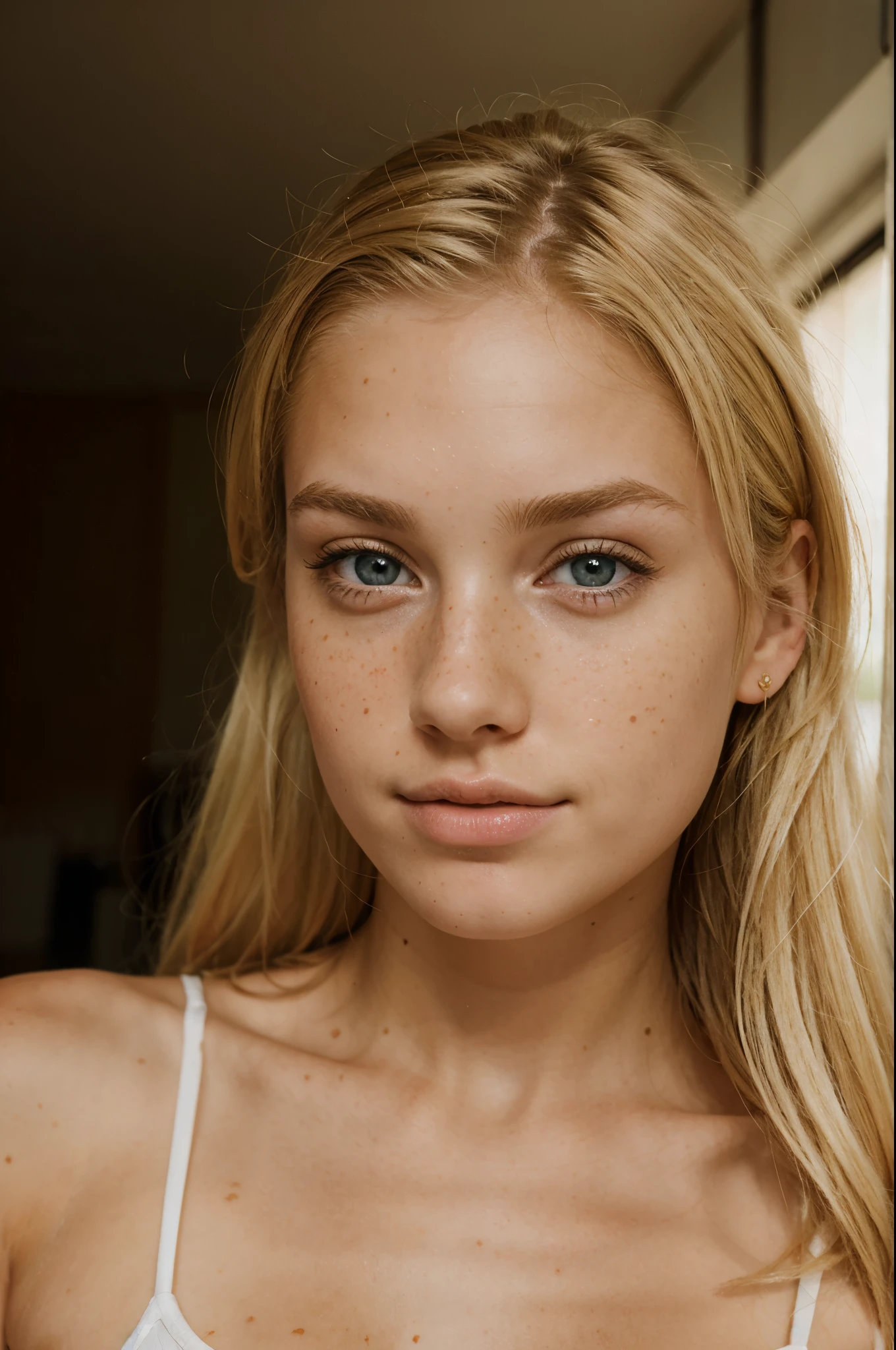 extreme Realistic photo of a beautiful european girl with blonde hair and freckles.